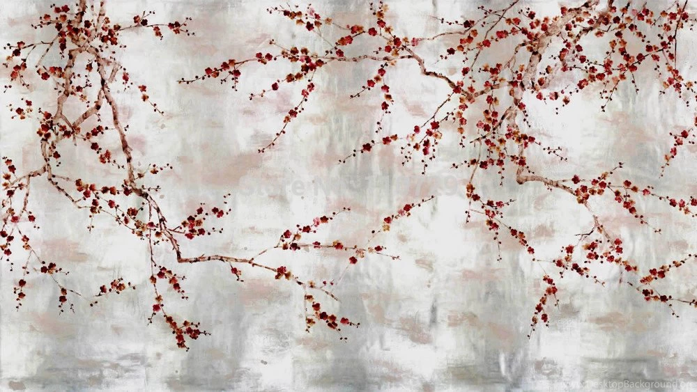 Elegant Europe Style Hand Painted Silk Wallpapers Painting Red Plum ...