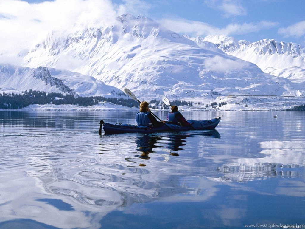 Kayaers Along Snow covered Mountains, Dark Blue, Kayak, Mountains ...