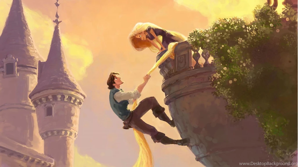 Flynn Climbing Rapunzel's Hair From Disney's Tangled Desktop Wallpapers