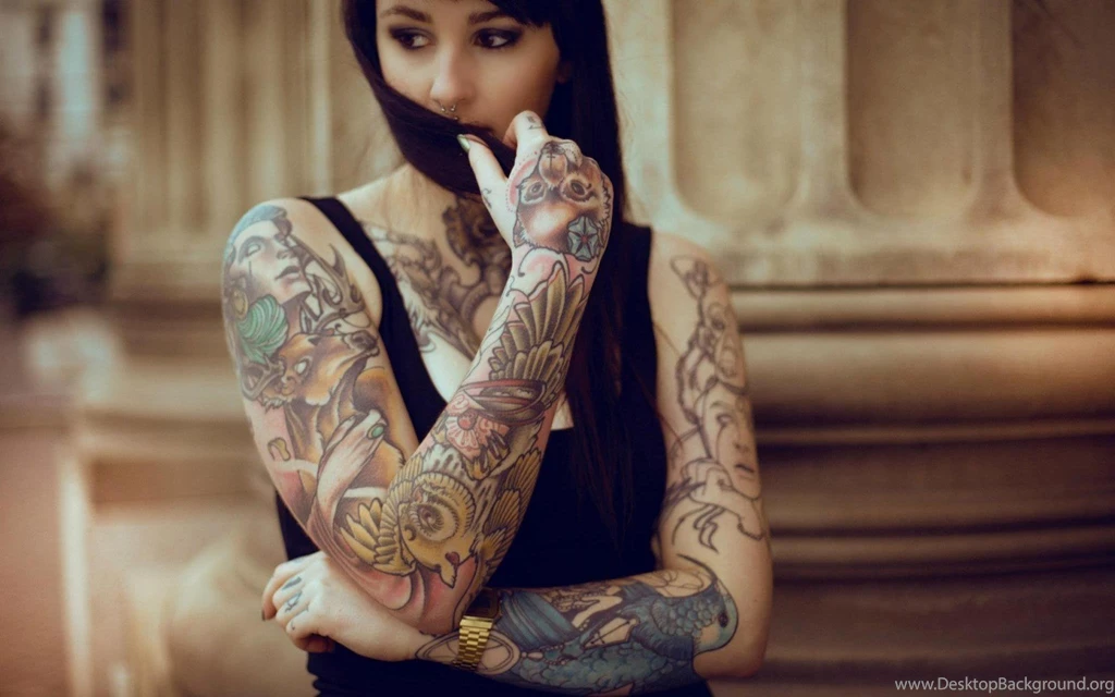Brunette Girl Tattoos Gloves Photo