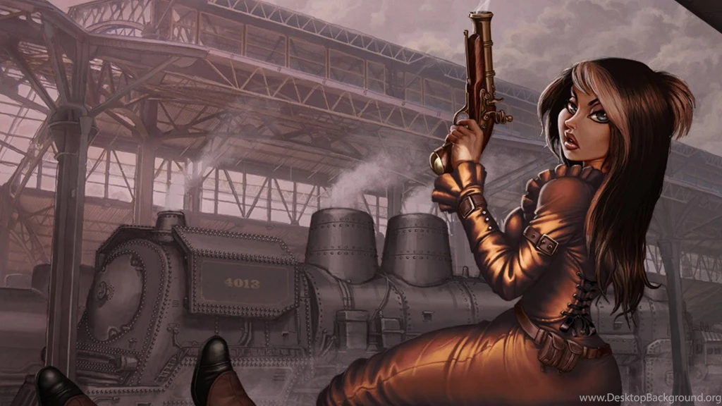 Steampunk Mechanical Trains Girls Women Females Brunettes Weapons ...