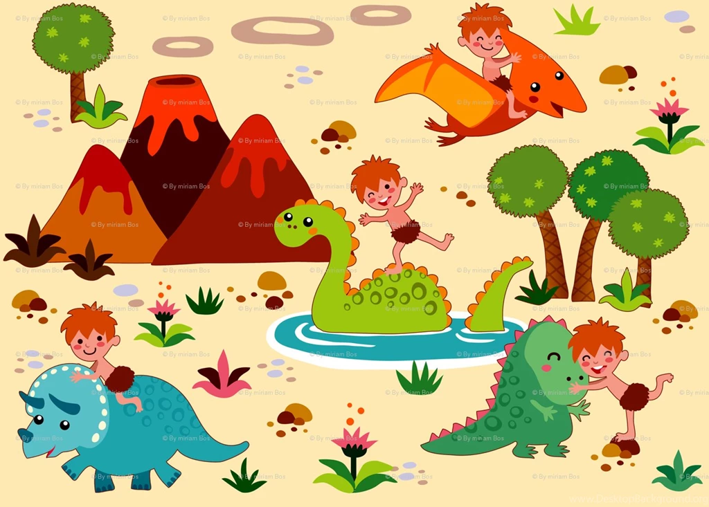 Tree Mountain Dinosaur Caveman Prehistory Cute Kawaii Fabric ...