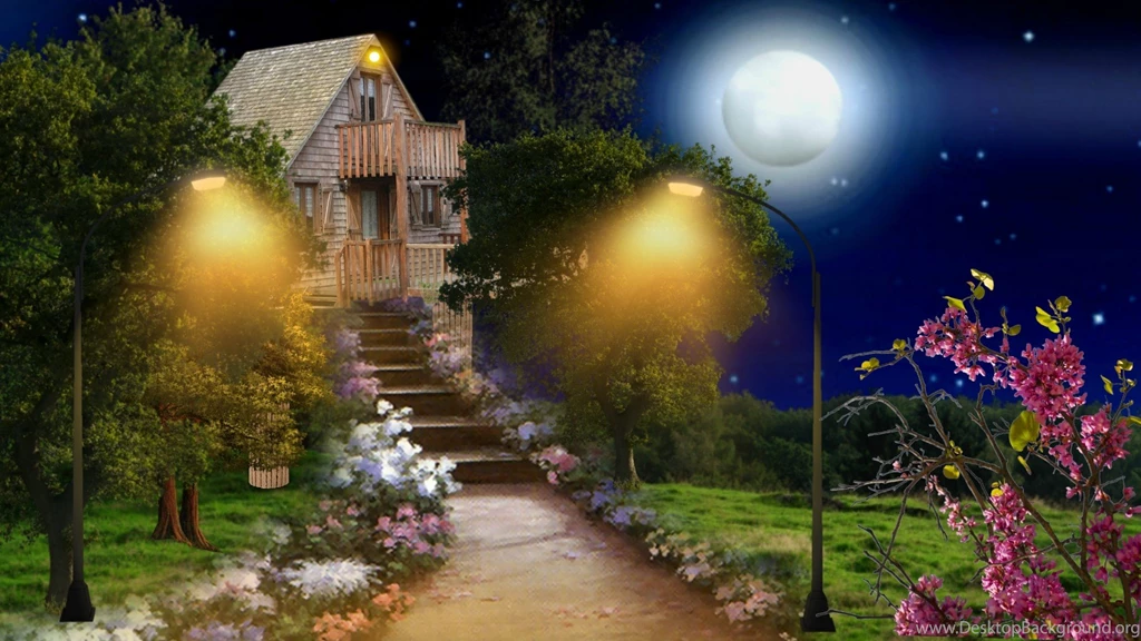 Other: Tree House Flowers Full Moon Magic Night Nature Landscape ...
