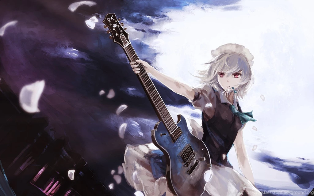 Touhou Izayoi Sakuya Red Eyes Short Hair Guitars White Hair ...