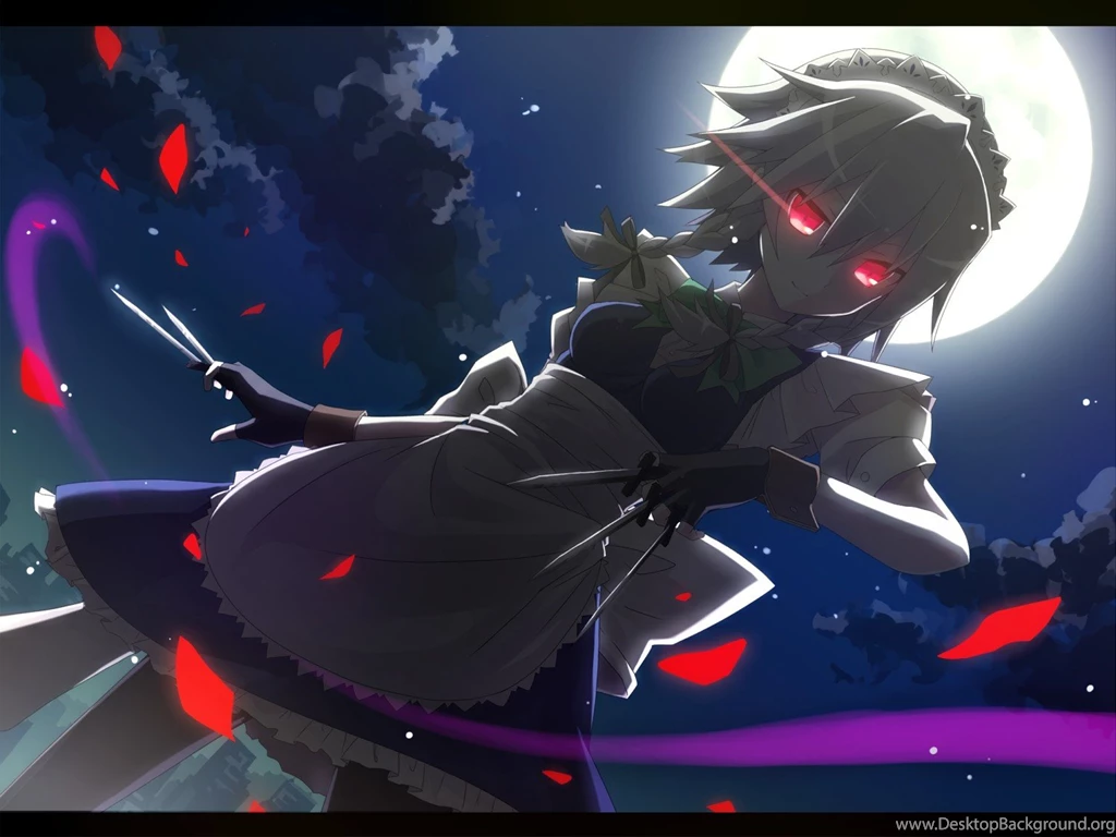Touhou, Maids, Moon, Izayoi Sakuya, Red Eyes, Knives, White Hair ...
