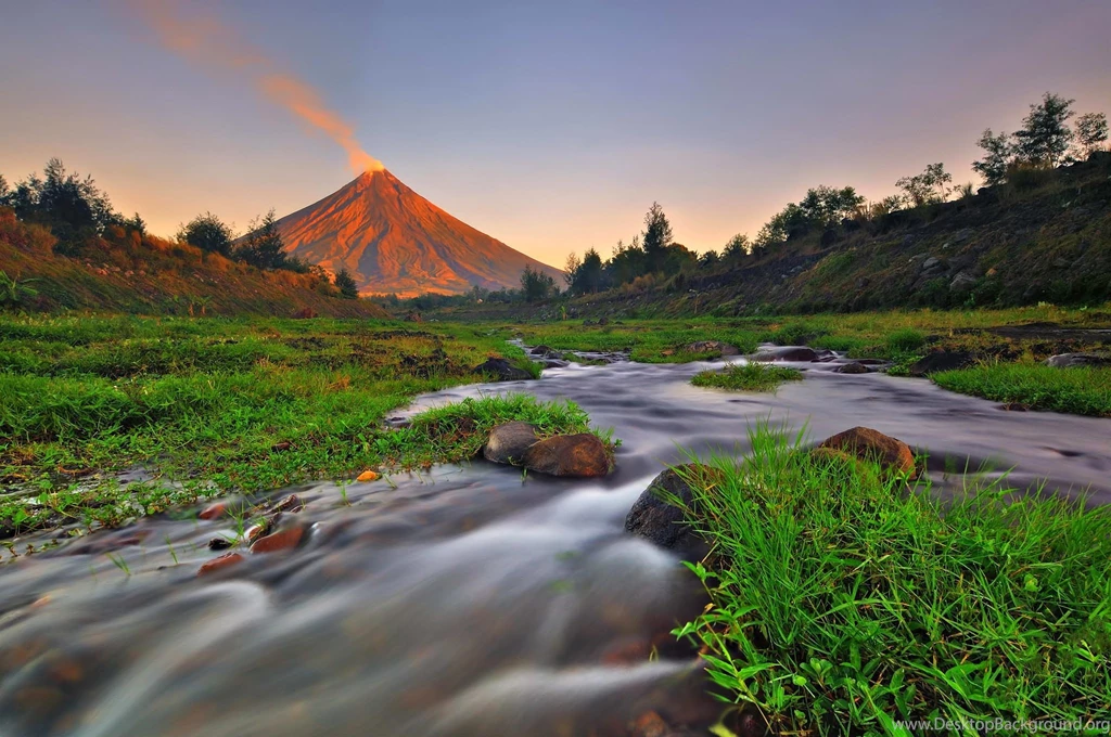 Landscape Nature Mountain River Creek Grass Volcano Mayon Volcano ...