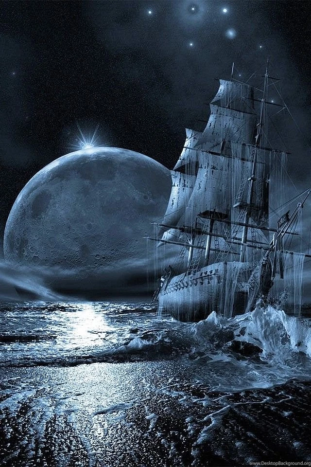 Cc 3d Iphone Wallpapers Clipper Ship And Moon Black Night