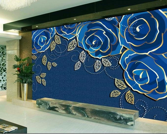 Customize Wallpapers Blue Rose Flower Dimensional Mural Backdrop TV ...