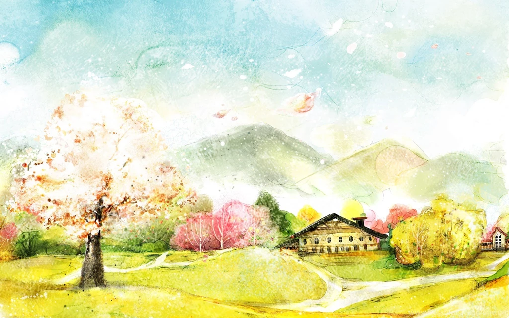 Digital Art, Painting, Trees, House, Mountains, Scenery Wallpapers ...