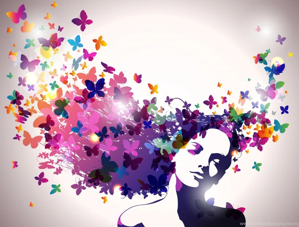 Many Colorful Butterflies Of A Woman's Hair