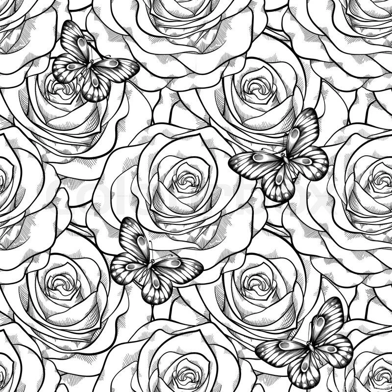 Beautiful Black And White Seamless Pattern In Roses With Contours ...