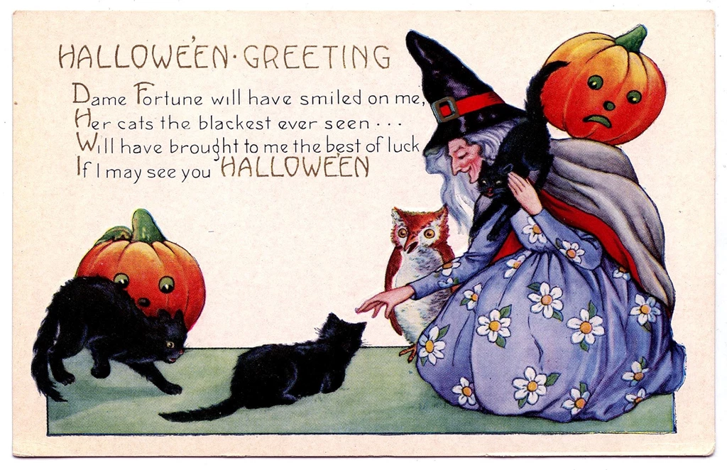 Vintage Halloween Image Witch Cats Owl The Graphics Fairy
