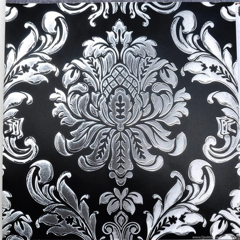 Black And Silver Wallpapers 3D Damask Gold Foil Wall Mural Glitter ...