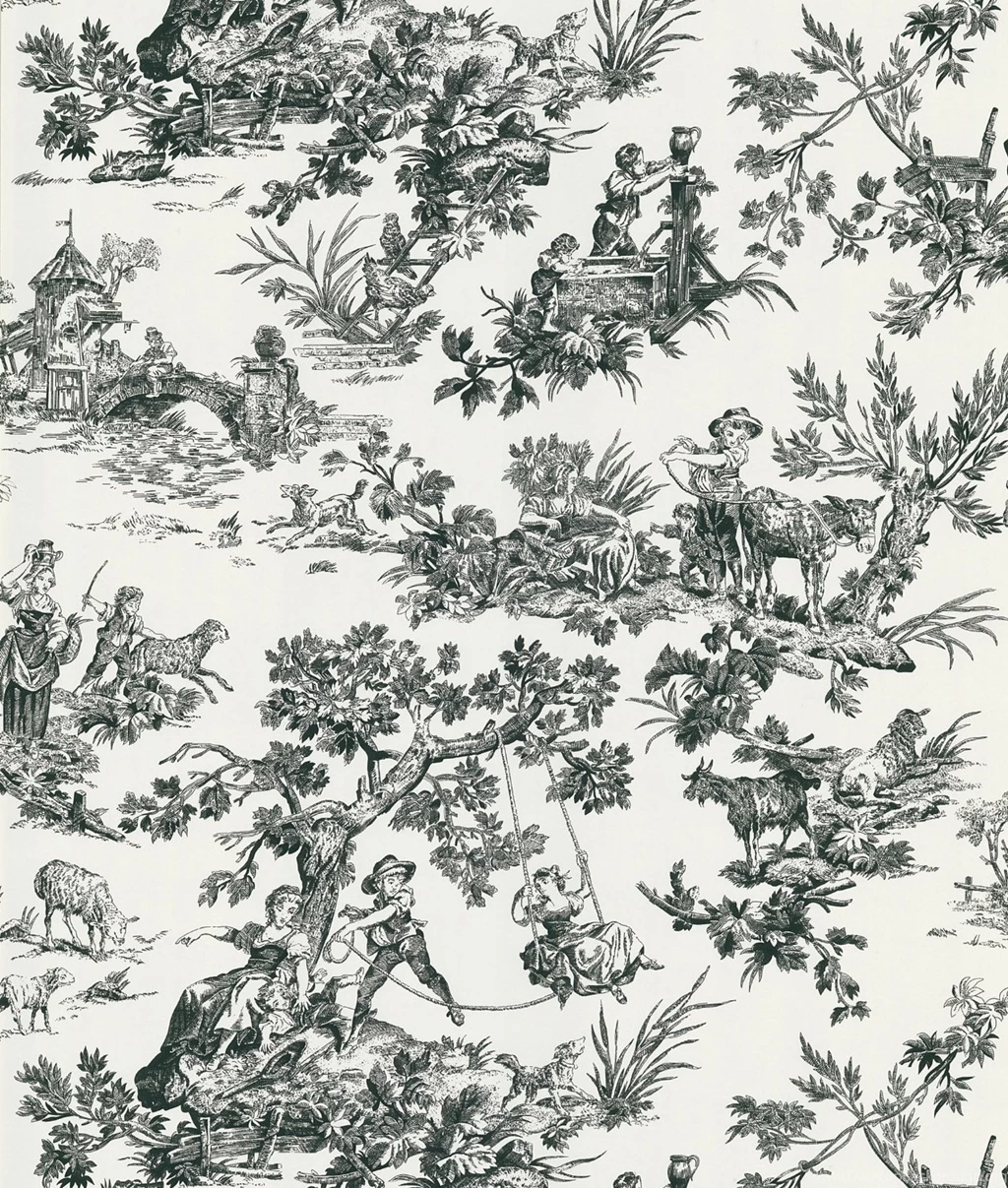 Brewster 428 6581 Ink Black White Neutral Pastoral Toile Wallpapers ...