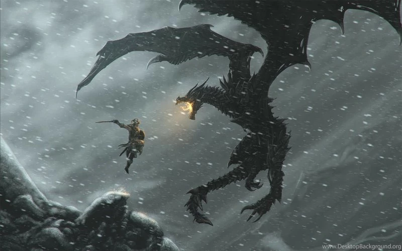 Video Games Mountains Snow Dragons Fire Weapons Snowflakes Artwork ...
