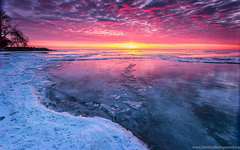 Ice Winter Lake Sunset Sunrise Sky Clouds Beaches Shore Wallpapers ...