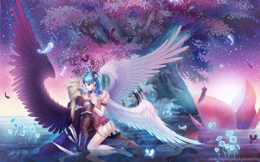 Wallpapers Nature Girl Anime Blue Water Angels Love Wings Flowers ...