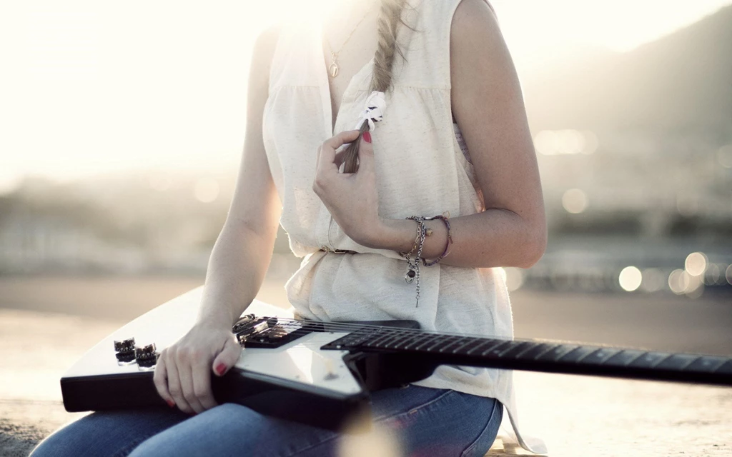 Music, Country, Vintage, Guitar, Girl, Singer, Sunset, Desktop