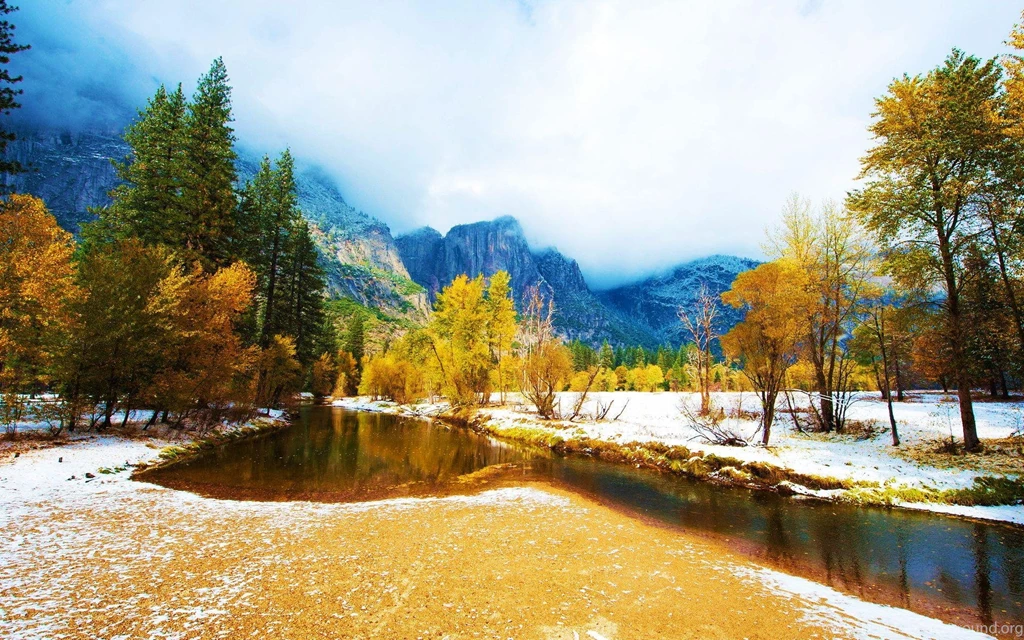 Pejzaž, Drveće, Prvi Snijeg, Voda, Planine Visoke Kvalitete Pozadine
