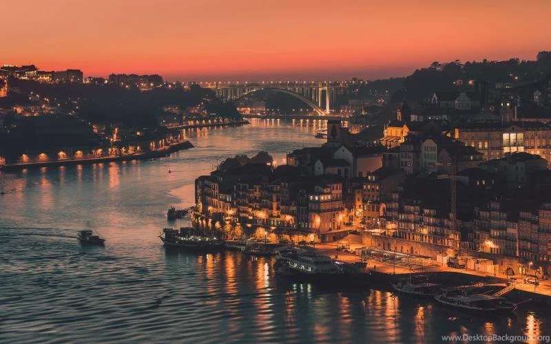Portugal, City Of Porto, Evening, Lights, River, Bridge, Buildings ...