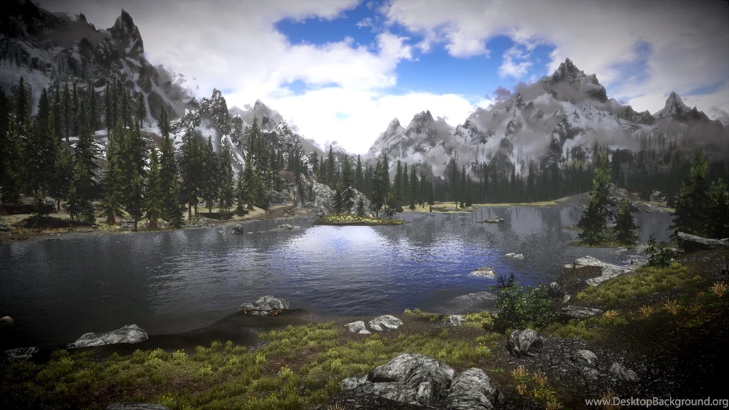 Skyrim Landscape Colorful Mountain View See Lake Ufer Shore Sky ...