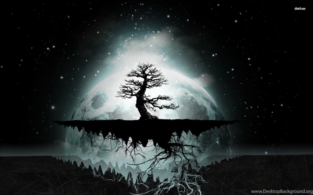 Tree Silhouette On The Floating Island, Star, Night, Moon, Digital ...