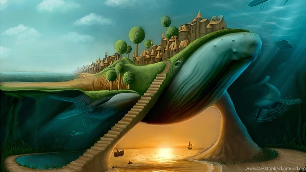 Creative Art: Cave Surreal Town Whales Art Whale Free Desktop ...