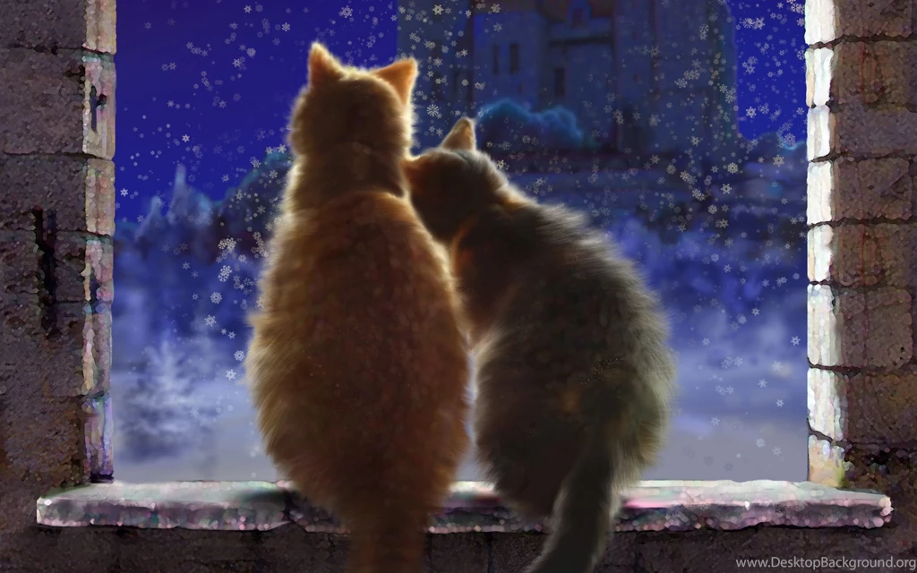 Art Cats Pair Love Snow Winter Window Sill Castle Night Snowflakes ...