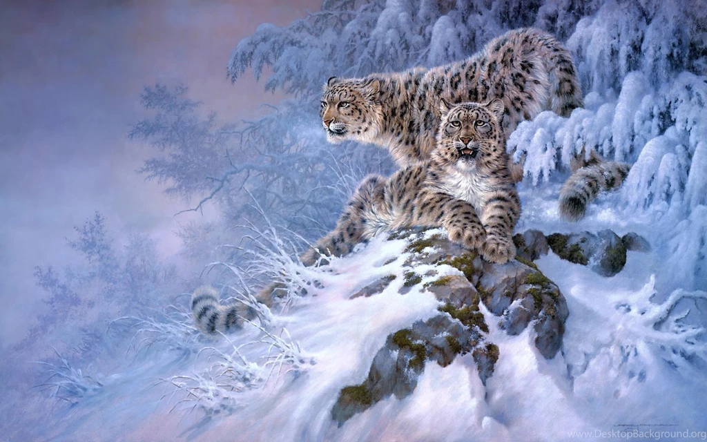Snow Leopards Animals Cats Predator Art Paintings Winter Snow ...