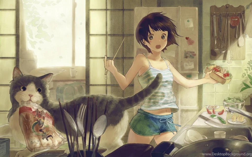 Download Wallpapers 1280x800 Anime, Girl, Cat, Room 1280x800 HD ...