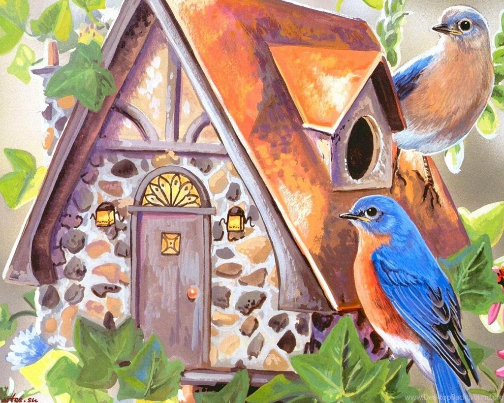 PRETTY BIRDS BIRDHOUSE PAINTING WALLPAPER (