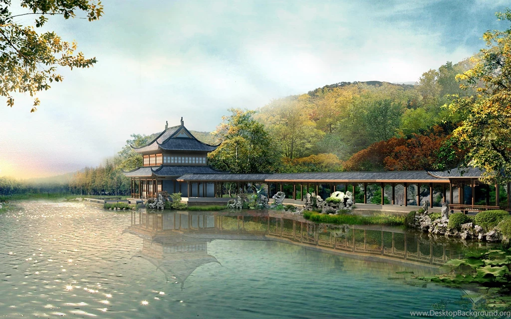 Download Desktop Wallpapers Japanese House With A Gazebo On The Lake