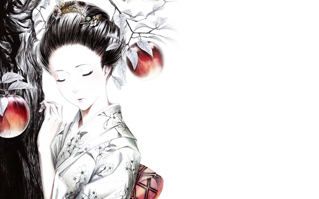 1920x1200 Geisha, Tree, Kimono, Girl, Barrettes, Apples Wallpapers ...