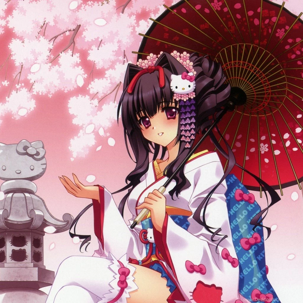 Download Wallpapers Hello, Kitty, Girl, Geisha, Sakura, Kimono ...