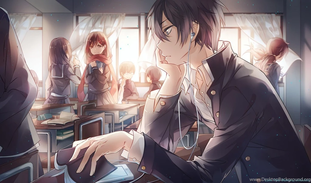School Girl Boy Uniform Listen Music Friend Group Book Class ...
