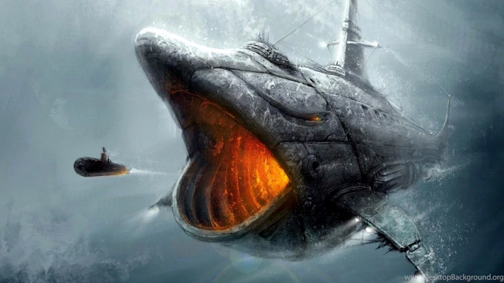 Submarine Sharks Nautilus Drawings Attack Wallpapers