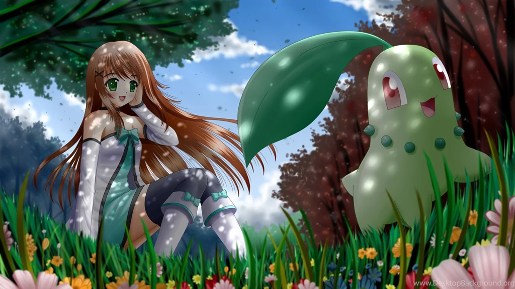Bow Chikorita Flowers Grass Green Eyes Ilolamai Orange Hair ...