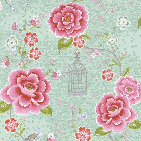 313013 Aqua Floral Birds Trail Eijffinger Wallpapers