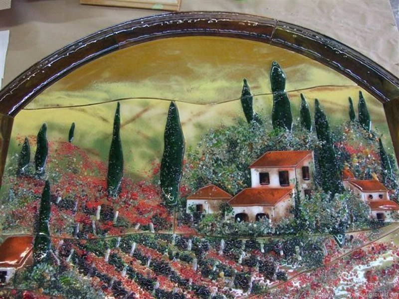 Fused Glass Wall Mural In Tuscan Theme With Poppies