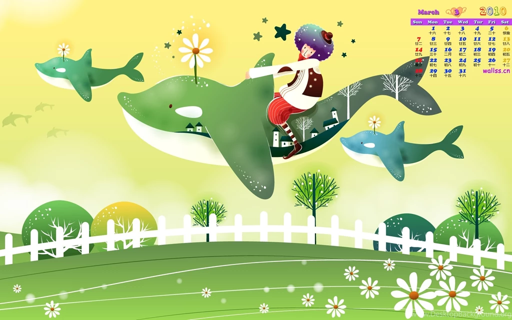 Wallpapers Green Coast Calendar March Dophin Girl Cute 1920x1200 ...