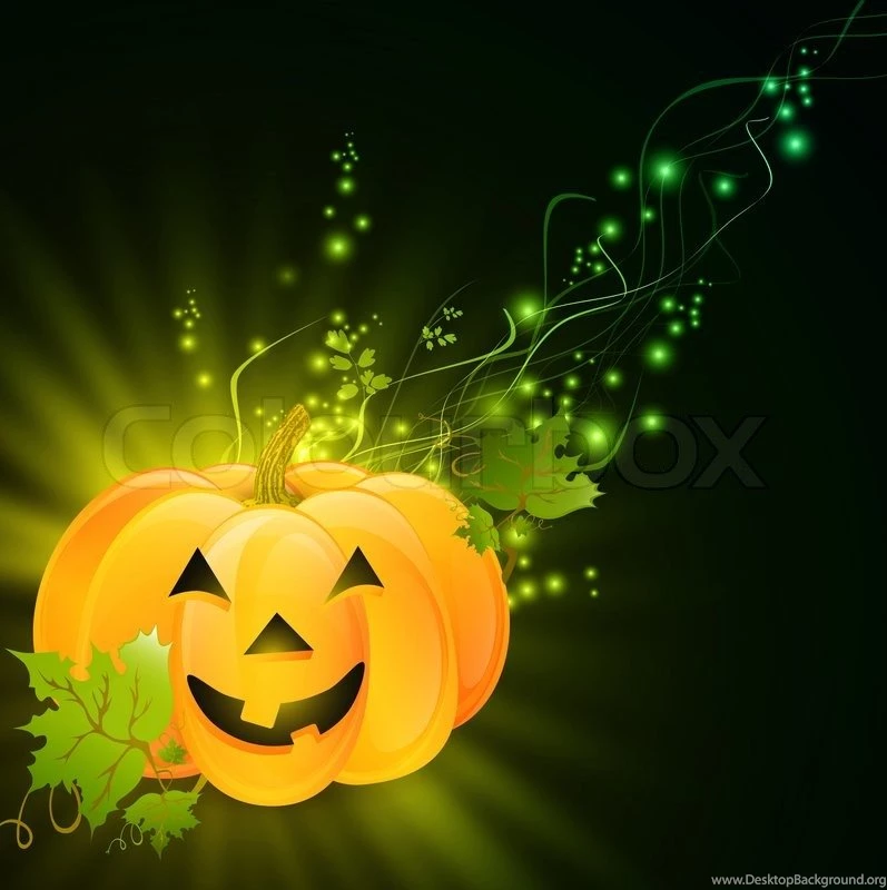 Halloween Pumpkin With Green Leaves Over Dark Magic Backgrounds ...
