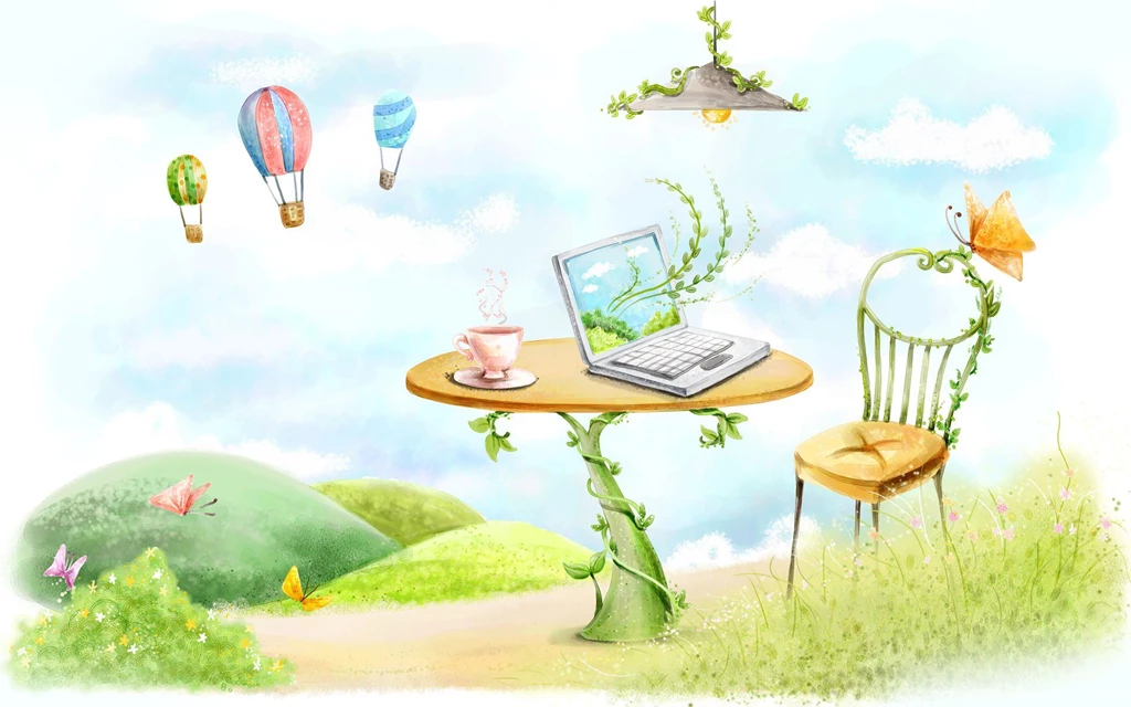 Open air Office, Laptop, Chair, Table, Hill, Butterfly, Coffee ...