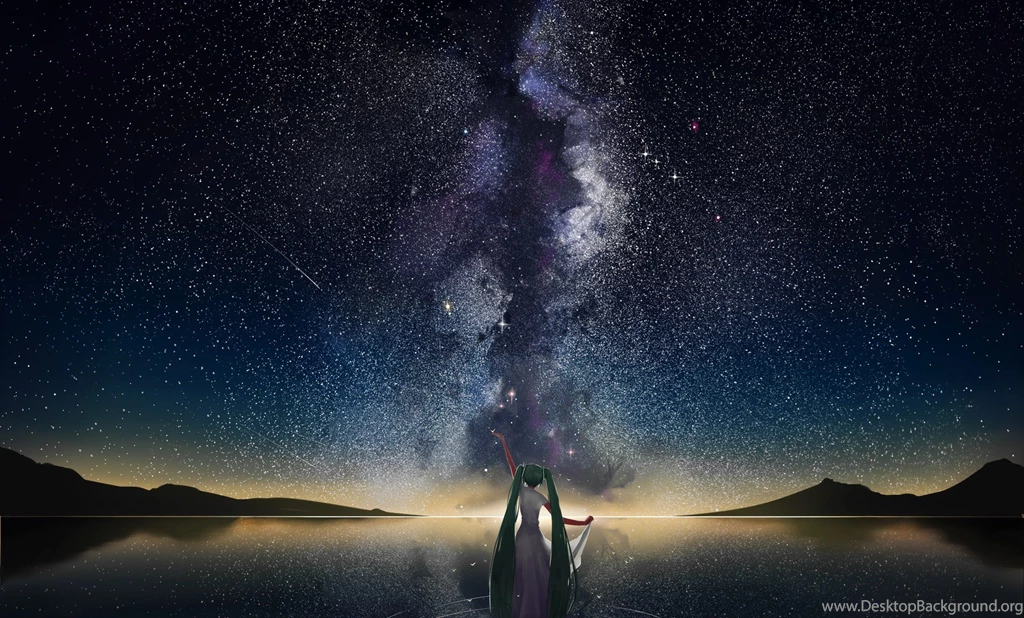 Space, Mountain, Horizon, Stars, Shooting Stars, Lake, Hatsune ...
