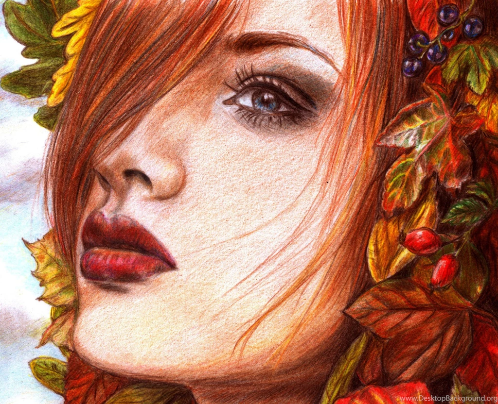 Painting Art Eyes Face Glance Redhead Girl Hair Red Lips Girls ...