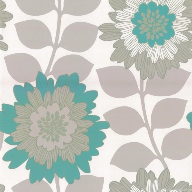 Designer Selection Oriental Bold Floral Wallpapers Metallic Teal ...