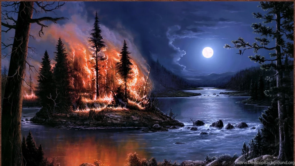 Download Wallpapers 3840x2160 Fire, Full Moon, Night, River, Wood ...
