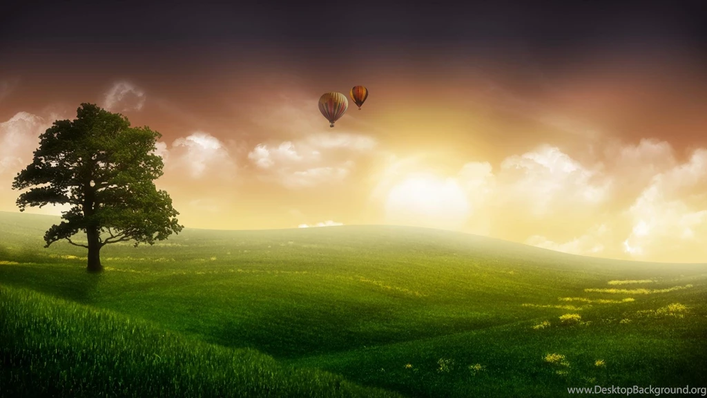 Green Dream Grassland And Balloon In Sky Backgrounds Widescreen ...