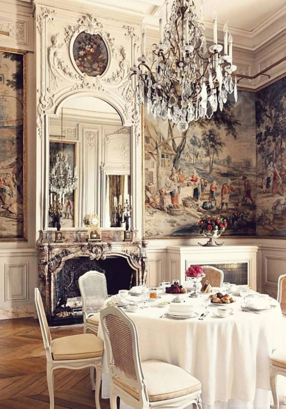 French Interior In Dining Room With Chandelier And Wallpapers And ...