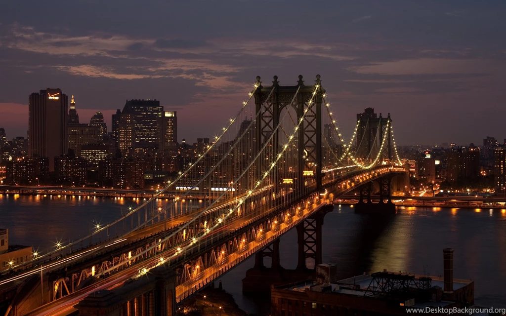 City Wonderful, Bridge, New York, Lights, Evening, River, Reflection