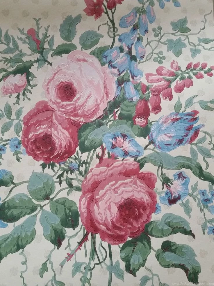 SANDERSON WALLPAPER PEMBERLEY WR8246/1 ROSE FLORAL BLUE PINK CREAM ...